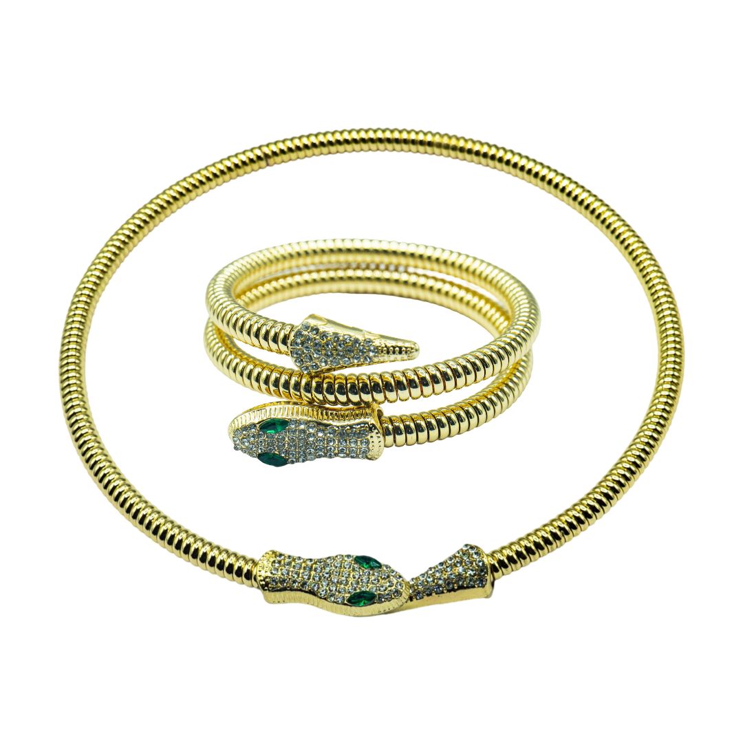 Silver serpent jewelry set—rhodium-plated necklace and bracelet—ISHI New York
