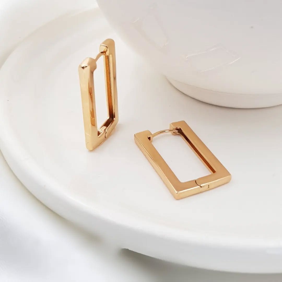 Modern Angled Frame Earrings in Yellow Gold Plating – sleek and minimalist jewelry design.