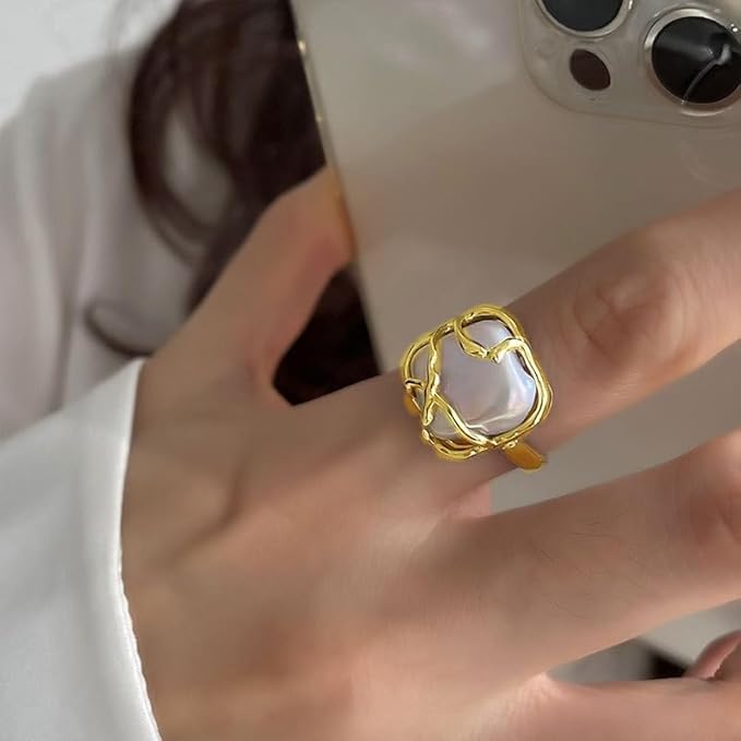 Moonlit Pearl Ring with pearl center—rhodium-plated silver ring for women