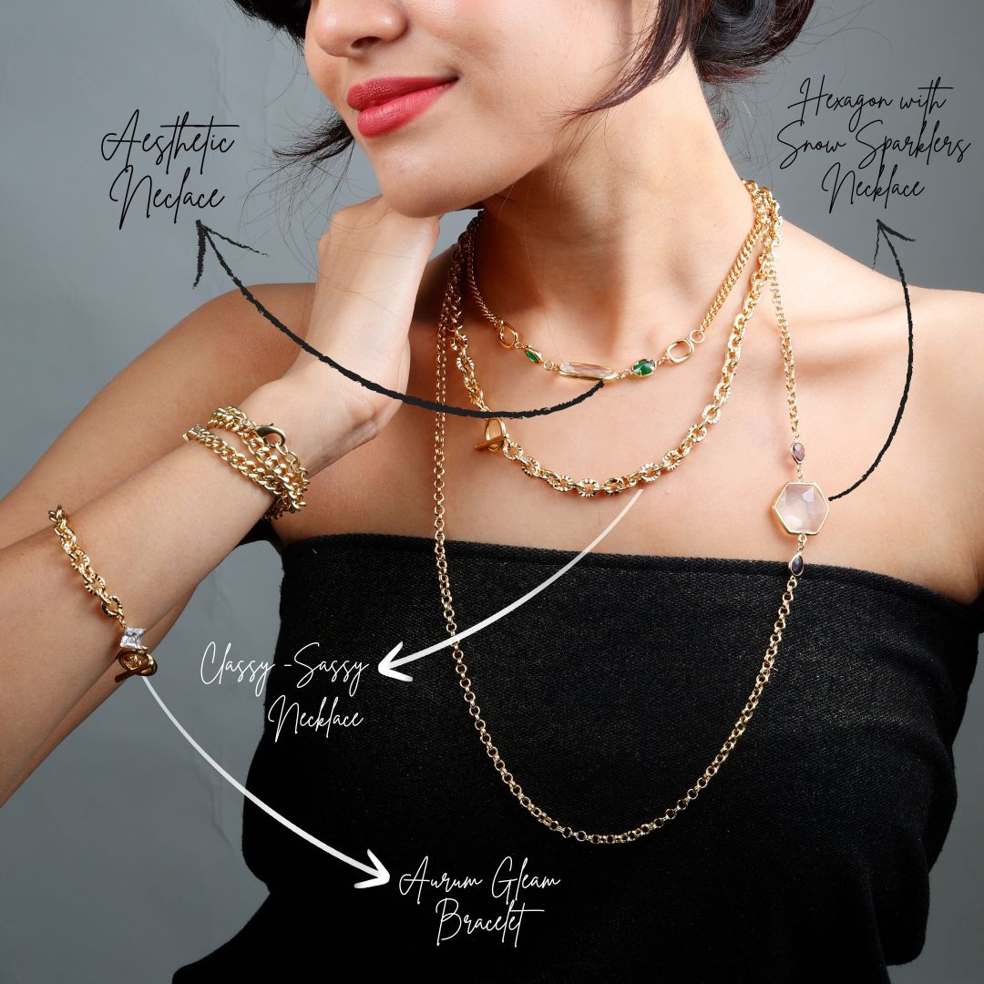 Hexagon With Snow Sparklers Necklace - 18K Gold Plated - ISHI New York