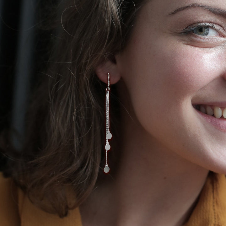 Long Chain Dangle Earrings With Circles - 925 Sterling Silver