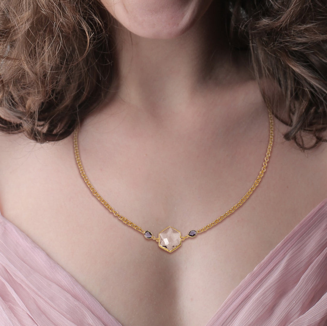 Hexagon With Snow Sparklers Necklace - 18K Gold Plated