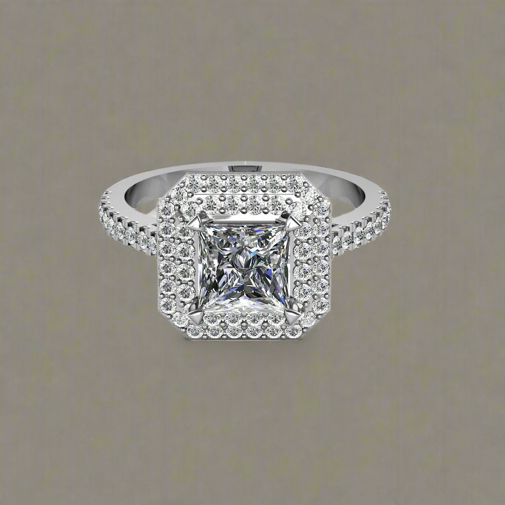 Double halo princess-cut CZ ring in rhodium-plated silver for women