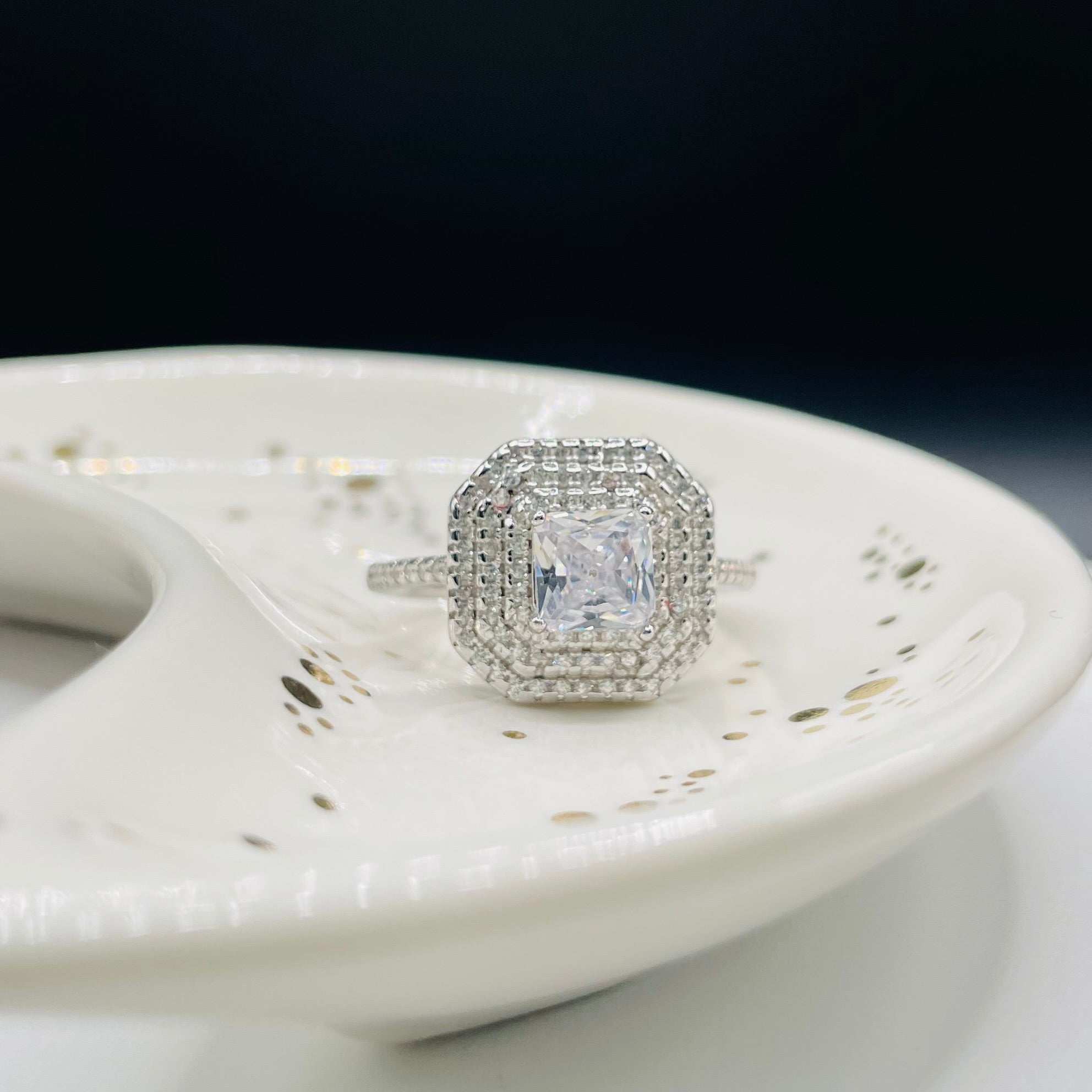 Statement princess ring with dual halo design in silver finish