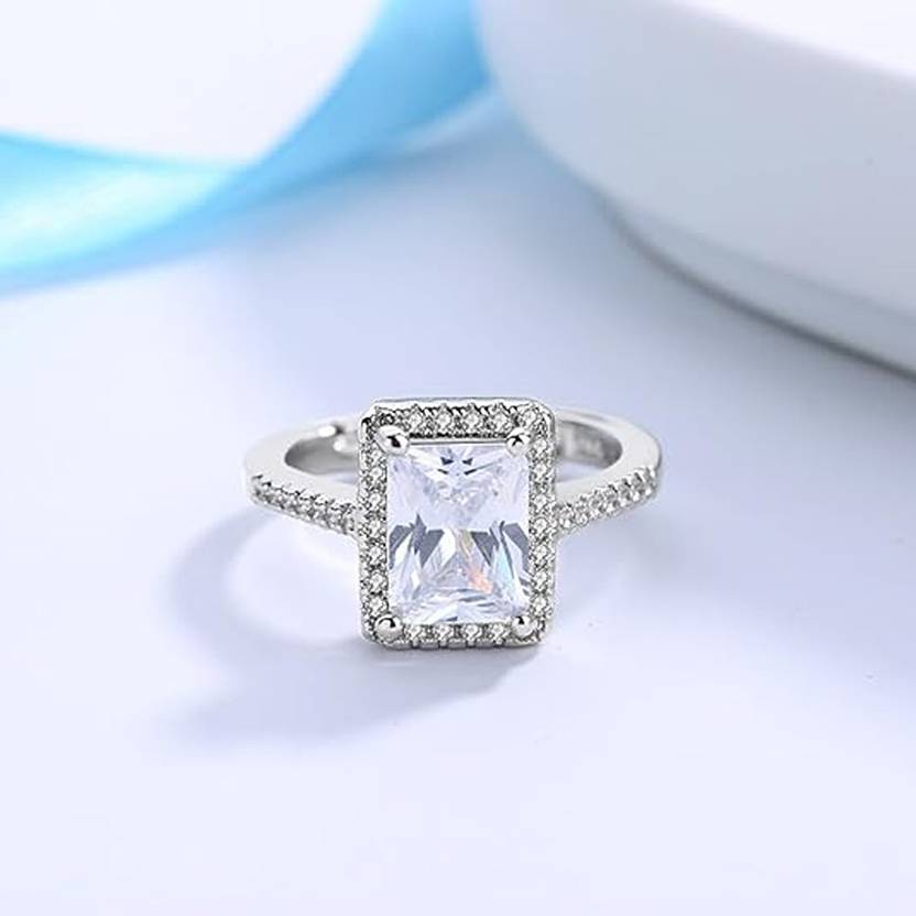 Minimal solitaire CZ ring for women in rhodium-plated silver