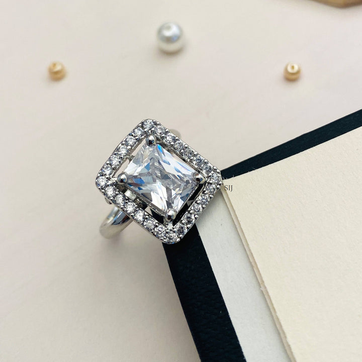 Aurora Square Halo Ring with rhodium plating for a luxurious shine-ishi new york