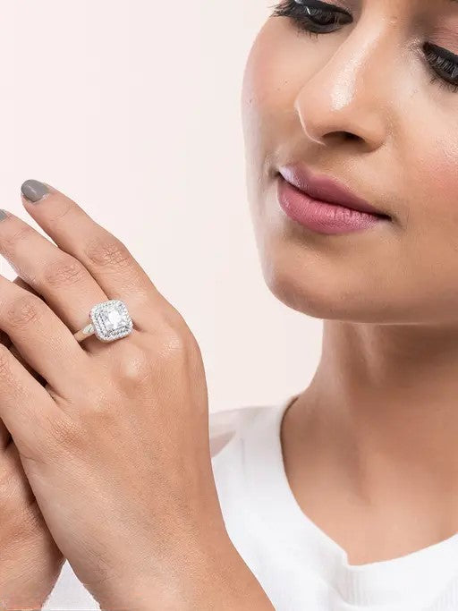 Aurora Square Halo Ring with a sparkling CZ center - ishi new york