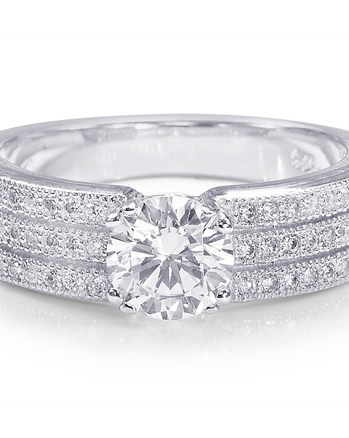 Elegant CZ Ring with rhodium-plated band and sparkling cubic zirconia—ISHI New York.