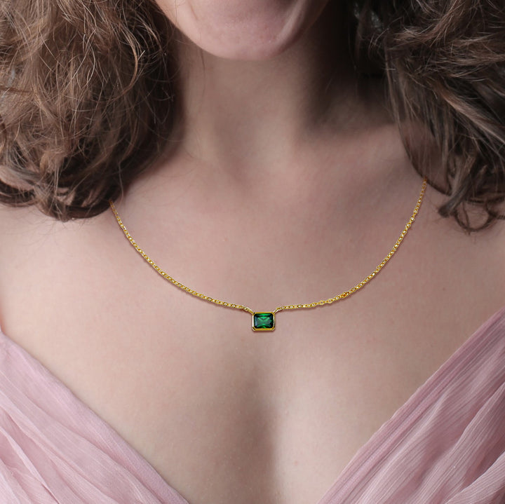 Green Cubic Zirconia Aura Necklace - 18K Gold Plated