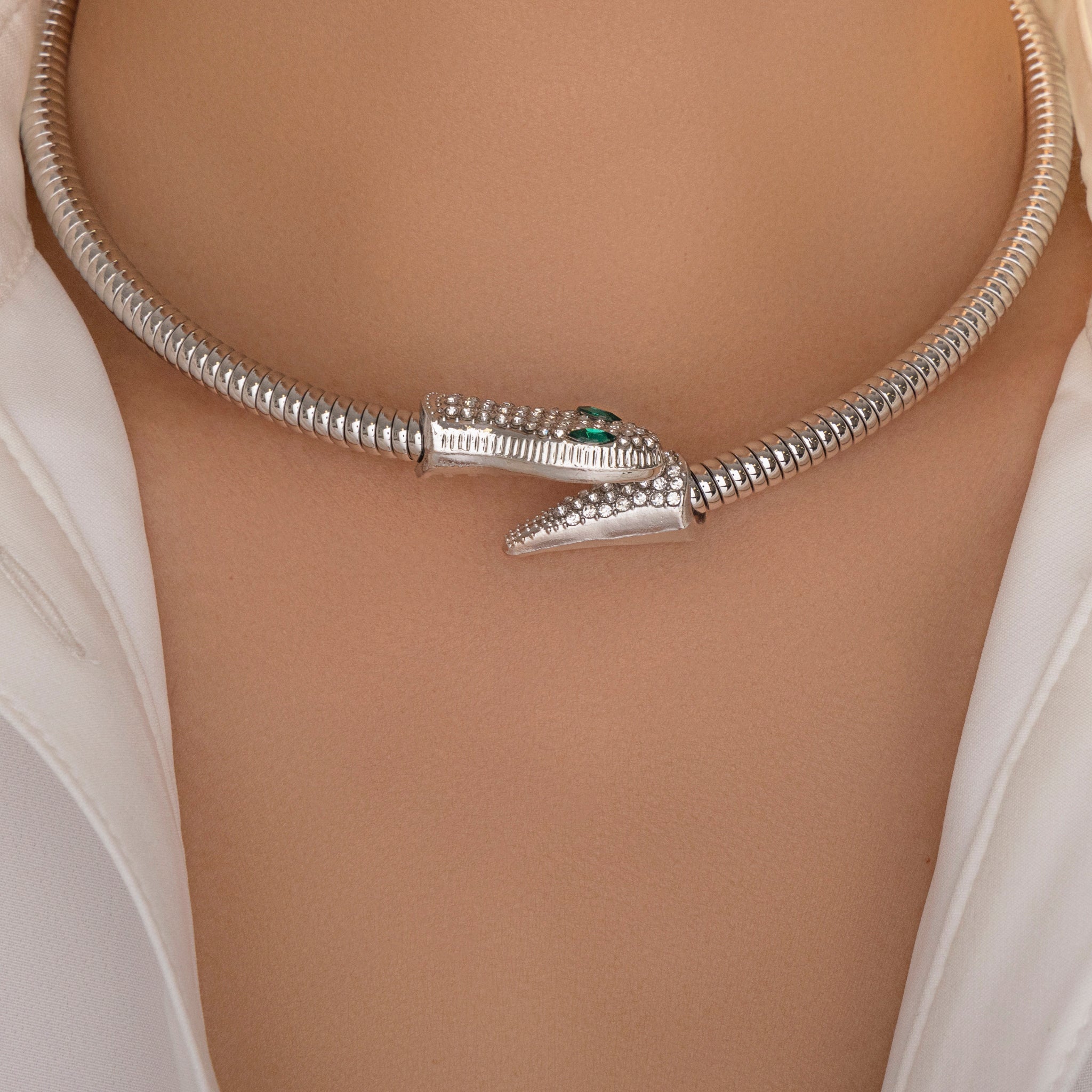 Bold silver snake choker with crystals—luxury fashion choker for women in India