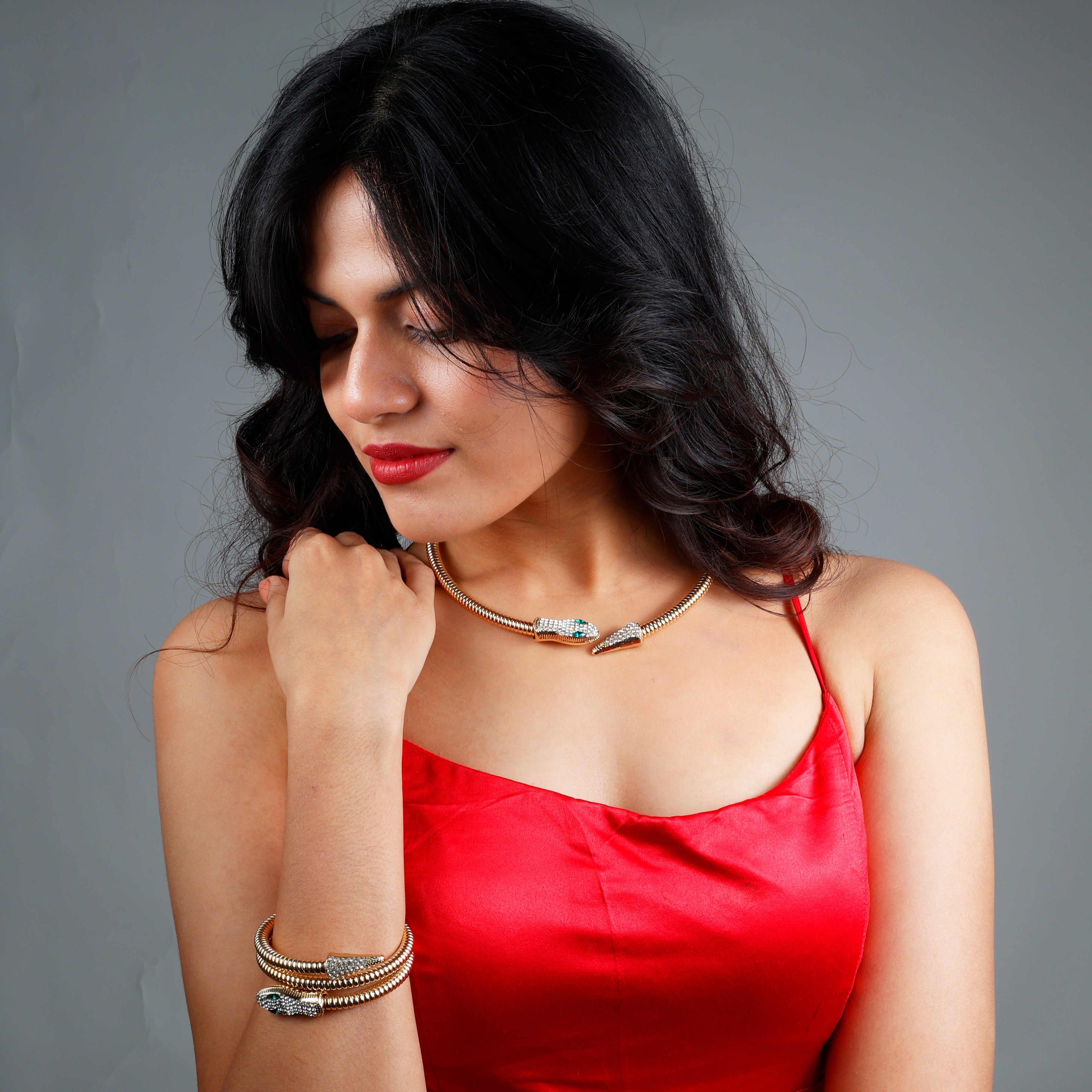 Silver serpent jewelry set—rhodium-plated necklace and bracelet—ISHI New York