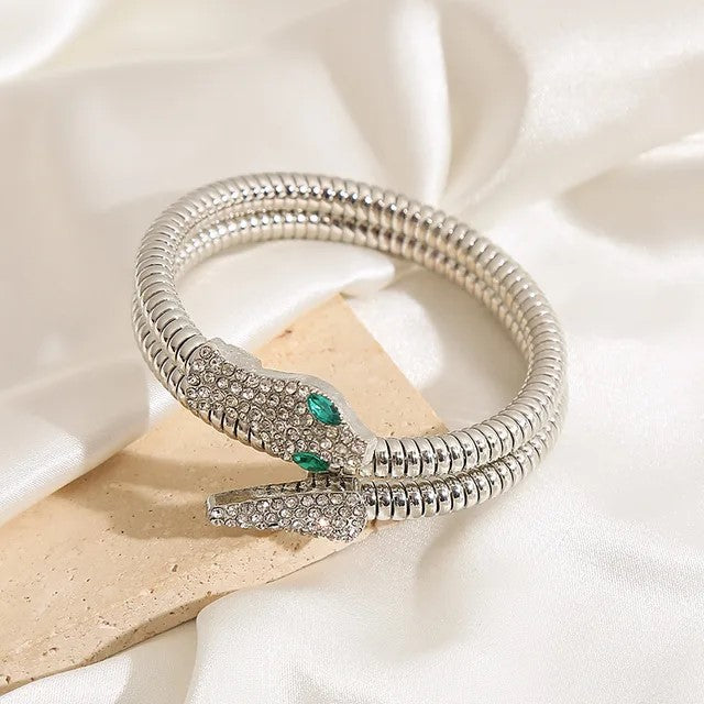 ISHI New York Silver Snake Bracelet with cubic zirconia—rhodium-plated designer jewelry