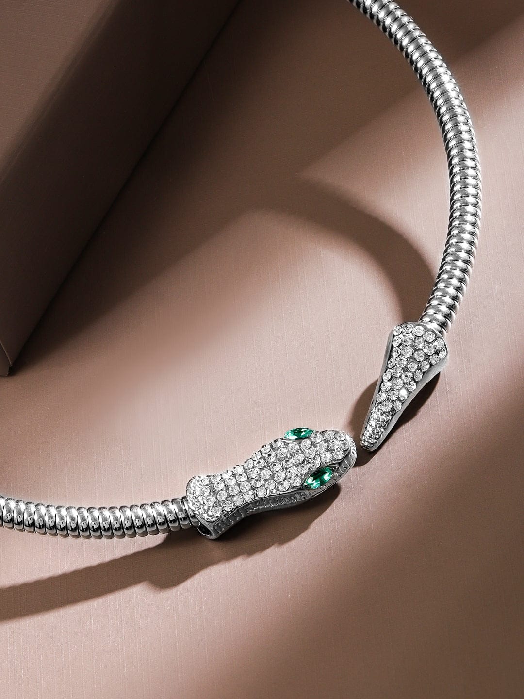 Close-up of Silver Crystal Snake Choker with coiled serpent design, snake choker necklace for women