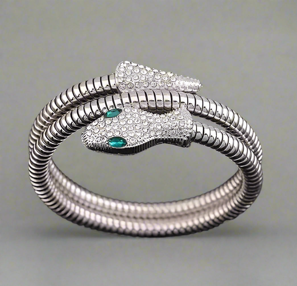 Snake bracelet in silver with sparkling CZ—ISHI New York statement piece