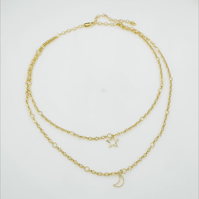 Layered Luxe Necklace with Moon & Star Pendant, 18k Gold Plated, Anti Tarnish, Hypoallergenic Fashion Jewelry